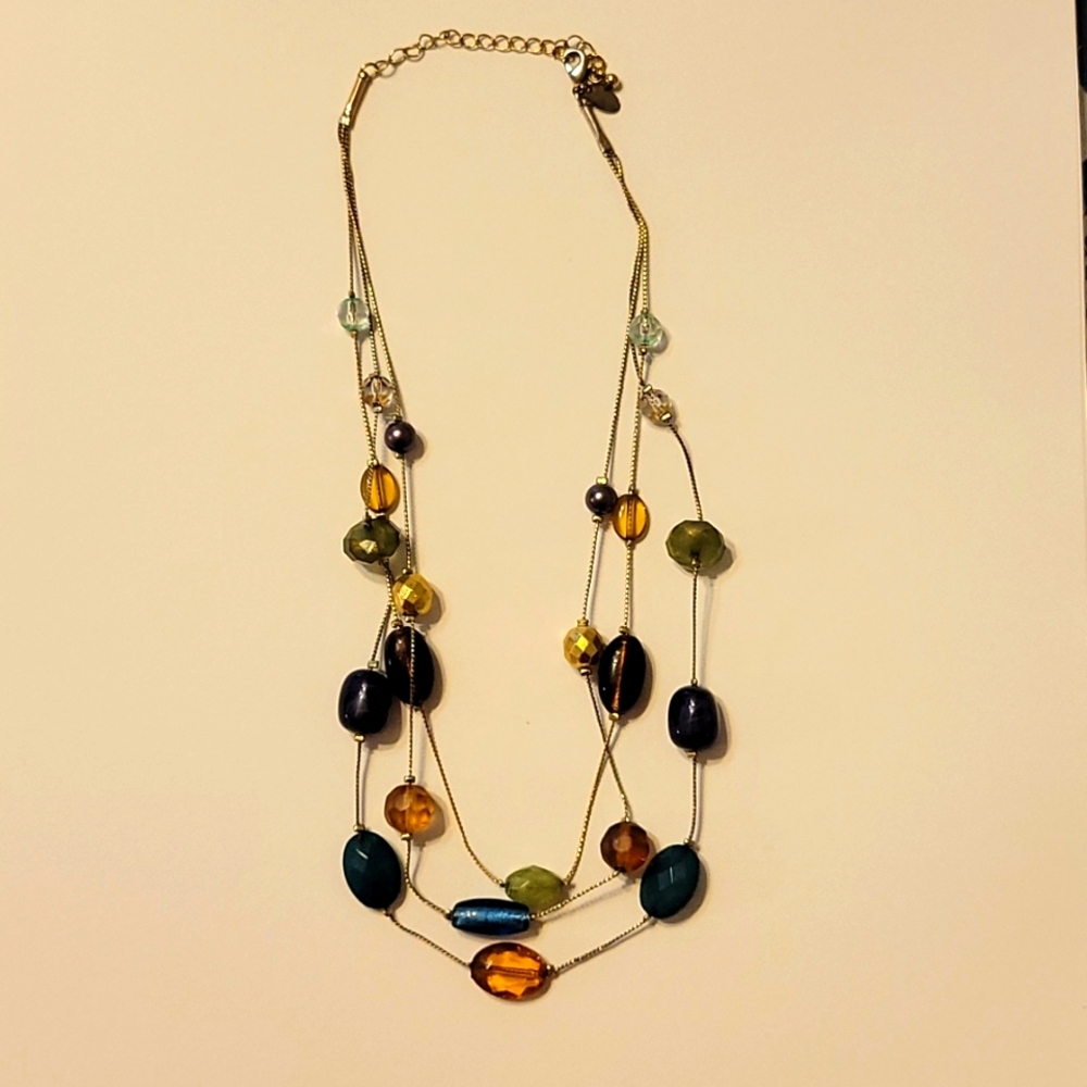 Lia Sophia gold tone necklace with multicolored beads on 3 strands